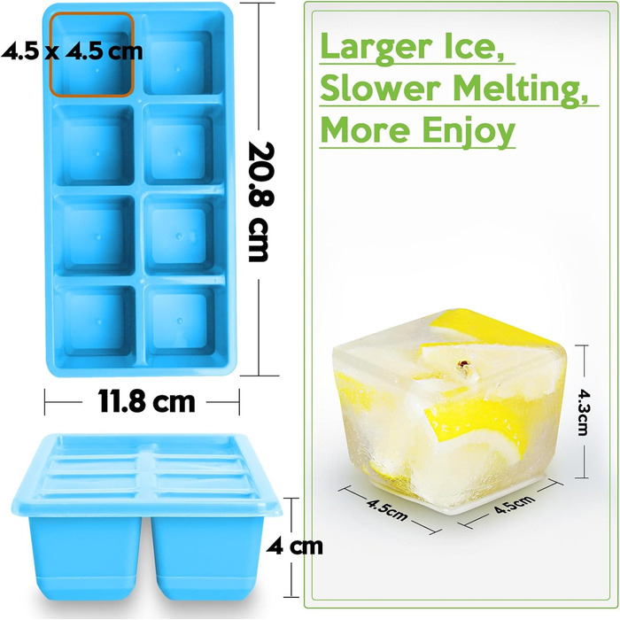 Форми для льоду JRISBO (2 шт.) з кришкою, 4,5 см, BPA-Free, XL, великі кубики льоду з силікону, гнучке дно, рожеві
