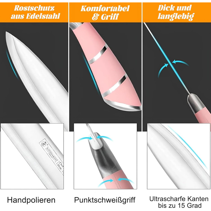 Набір кухонних ножів 9 шт. з поворотним блоком з акрилу, професійний набір кухонних ножів з нержавіючої сталі, з точилкою, подарунок для сім'ї (рожевий)