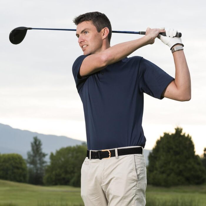 Жіночий та чоловічий тканинний ремінь Flintronic з еластичною плетенкою, ширина 3.3 см, довжина 107 см (для обхвату талії 76-115 см), колір: чорний + золото