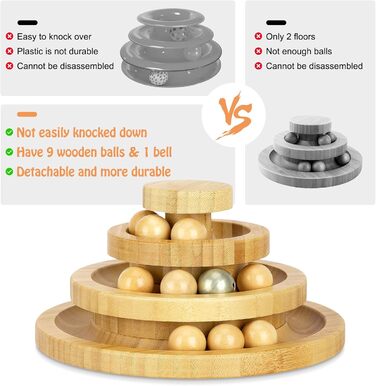 Cat Toy Self-Entertainment, Interactive Bamboo Cat Toy THREE Tiers Rotating Smart Track Ball Swing Roller with Bells
