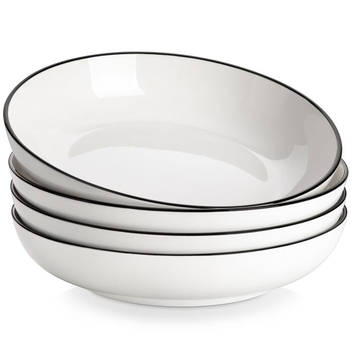 MALACASA Набір посуду 6 шт. з порцеляни: тарілки для пасти, супу, салату, сервірування. Білий з чорним обідком, 1250 мл