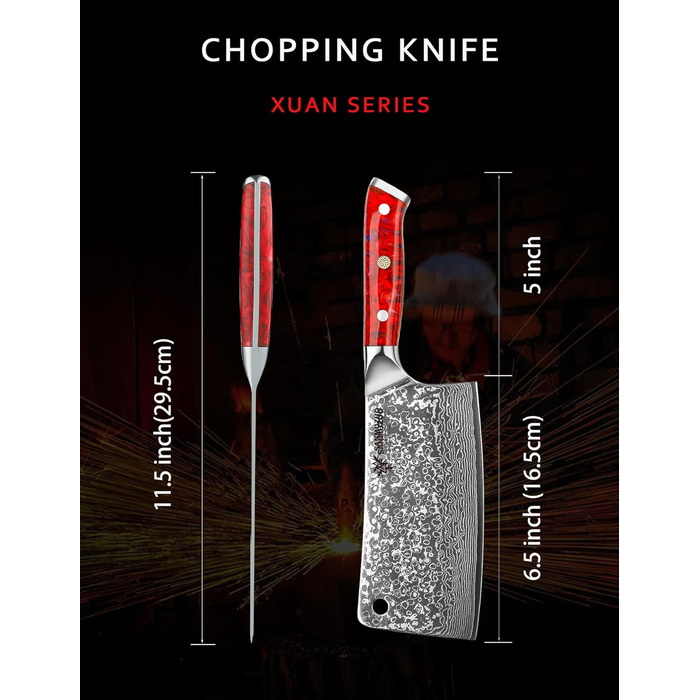 Ніж кухарський Sanmuzuo Hackmesser 17 см, професійний, Дамаск, Xuan Serie, VG10 сталь, ручка з епоксидної смоли (Saphirblau), колір 