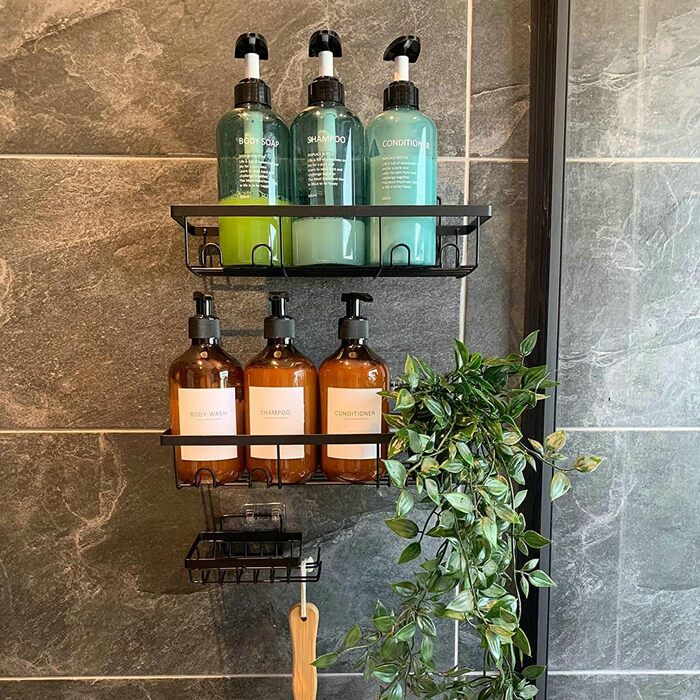 Двосекційна дзеркальна поличка для душу без свердління, 2 шт. з 8 гачками, велика місткість, для шампуню та аксесуарів (чорний)