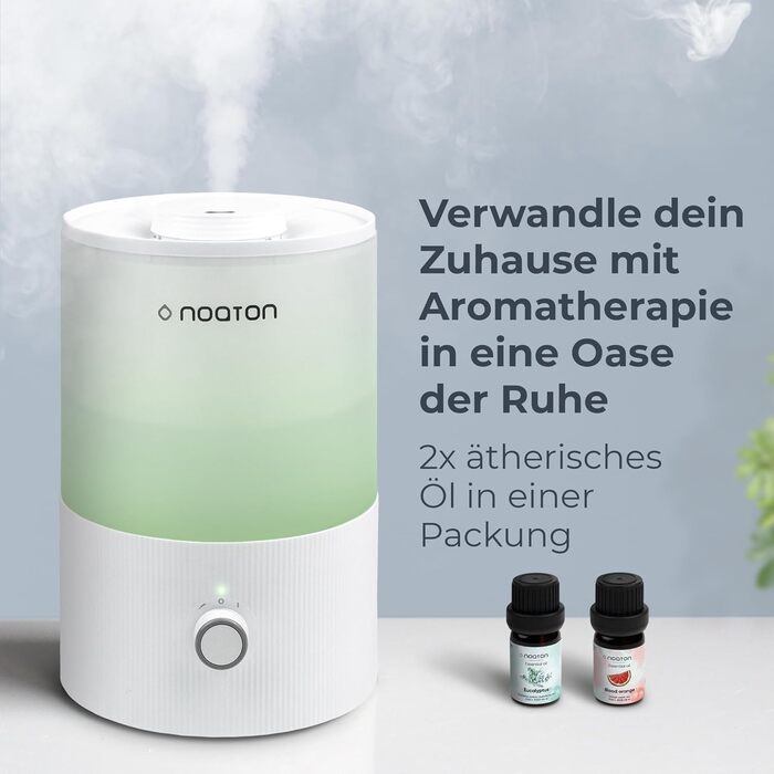 Зволожувач повітря Essential 3,3 л з верхнім наливом, 33 год роботи, 2 ефірні олії, 7-кольорове нічне світло, тихий, 360° обертання, для дитячої кімнати та рослин