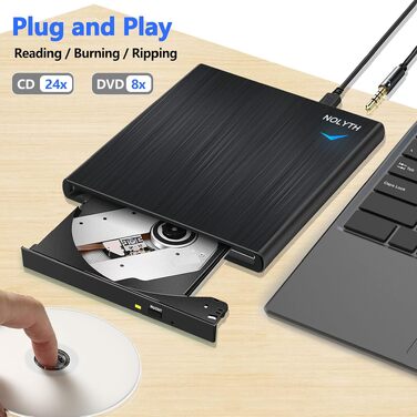 Зовнішній CD/DVD-привід USB 3.0 Type-C з аудіовиходом та USB-портами, тонкий DVD-RW плеєр та записувач для ноутбука, MacBook, Apple, чорний