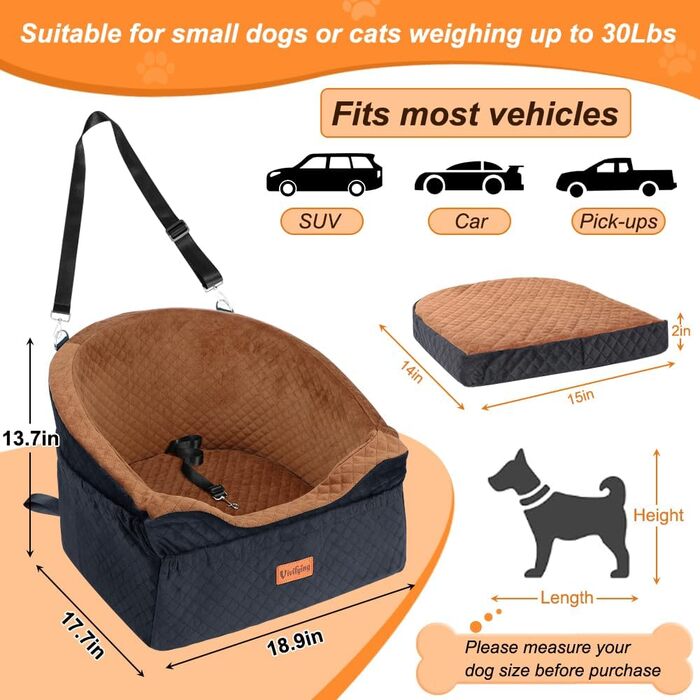Elevated Dog Car Seat - Washable & Removable for Small & Medium Dogs (Up to 13.6KG) with Storage Pockets & Safety Belt - Black & Brown