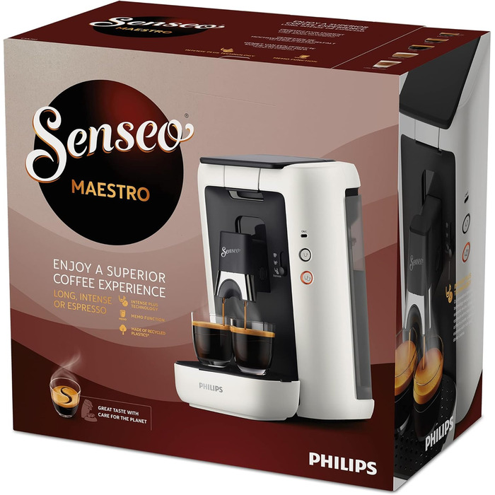 PHILIPS Senseo Maestro STAR Coffee Pad Machine – Intense Plus Technology, Perfect Espresso Quality, 1.2L Water Tank, Environmentally Friendly Design, Memo Function, Descaling Indicator (CSA260/10) White