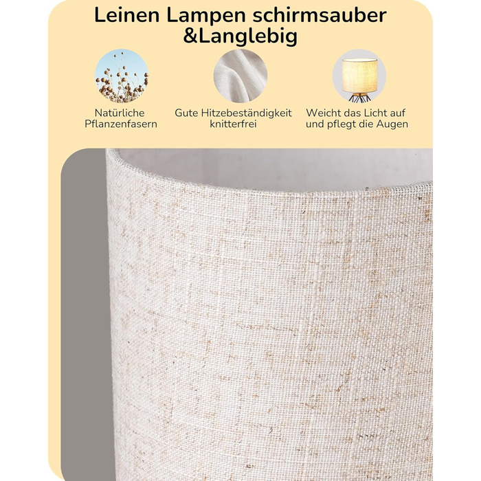 EDISHINE Настільна лампа - Сучасний індустріальний дизайн, E14 цоколь, вінтаж, для спальні/вітальні, білий & золотий (льон + чорний)