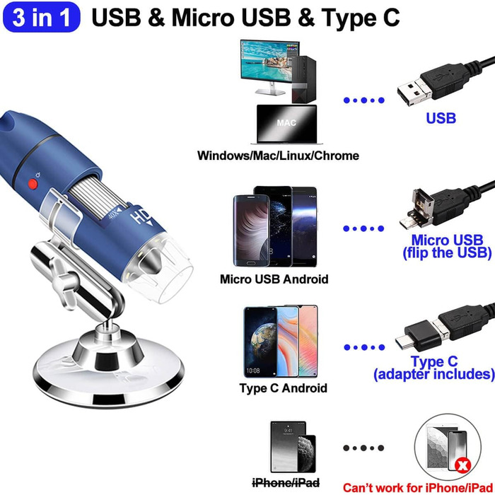 Цифрова мікроскоп-камера Ninyoon 1080P USB для iPhone, iPad, Android, PC, 50-1000x, з підсвічуванням