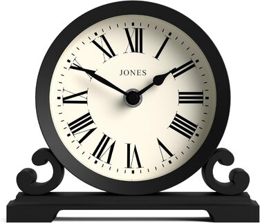 JONES CLOCKS® Saloon Table Clock | Traditional Double-Scroll Design | Black | Roman Numerals | Classic Style for Desk, Table, Shelf, or Nightstand.