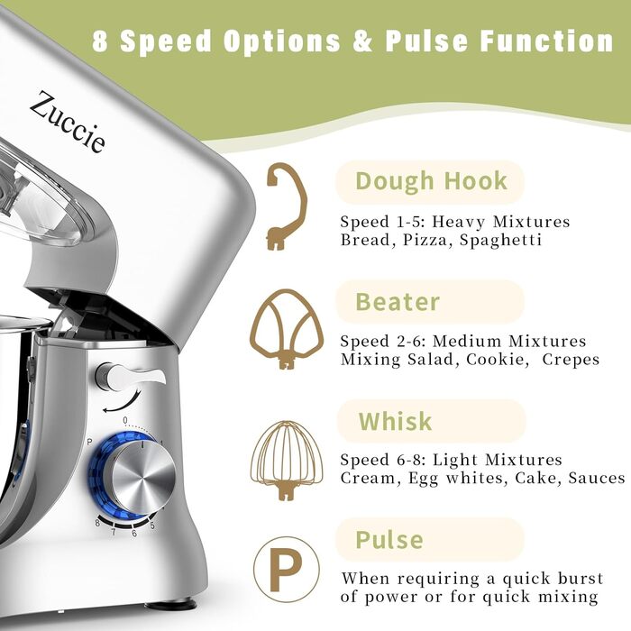 Stand Mixer, Zuccie Stand Mixer Quiet Stirring Mixer including 5L Stainless Steel Bowl, 3 Mixing Tools, Splash Guard, Dough Scraper, and Egg Separator, 8+P Speed Dough Mixer Silver