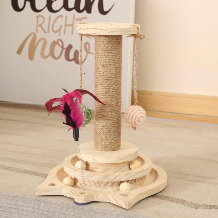 Wooden Cat Carousel, Multifunctional Cat Scratching Post, Wooden Cat Toy, Interactive Cat Toy, Size 26L x 26W x 34H cm