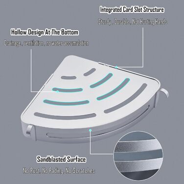 Поличка для душу без свердління, кутова поличка для ванної кімнати з алюмінію, трикутна корзина для душу з гачками, органайзер для шампуню, стійка до іржі (2 шт., піскоструминне золоте покриття) (Блискучий срібло)