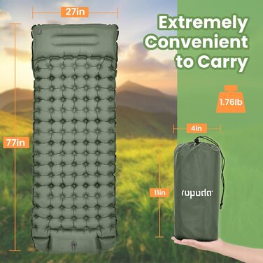 ROPODA Self-Inflating Camping Mat with Pillow & Foot Pump - Ultralight Waterproof Sleeping Pad for Outdoor, Camping, Hiking (Green & Gray)