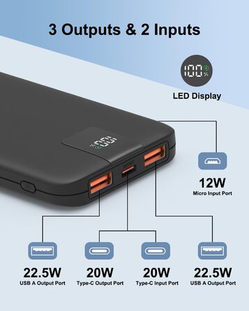 Powerbank 10000mAh 22.5W з LCD-дисплеєм: швидка зарядка, 3 виходи, 2 входи (USB-C), чорний