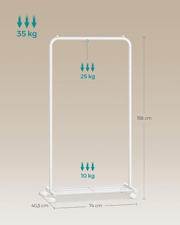 SONGMICS Clothes Rack, Rolling Garment Rack, Metal Wardrobe Stand, Rolling Wardrobe 91 cm wide, with Shelf, 2 Swivel Wheels with Brakes, Rod Loadable up to 40 kg, HSR025A01 (White, 74x40.5x158cm)