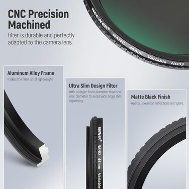 NEEWER Змінний ND фільтр ND2-ND32 (1-5 ступенів) для камери, 46 мм, оптичне скло HD, водонепроникний, антибліковий