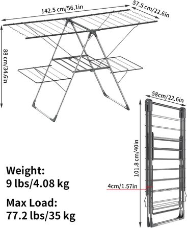 Сушарка для білизни Innotic - розкладна, портативна, з 4 крилами, регульована по висоті, для балкону та дому (сіра)