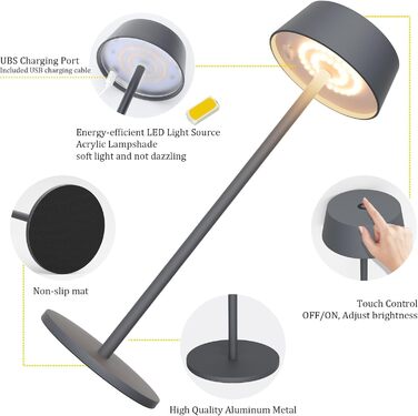 Акумуляторна LED настільна лампа Klighten з димером, сенсорна, металева, сріблясто-антрацитова (3000K) для спальні, ресторану