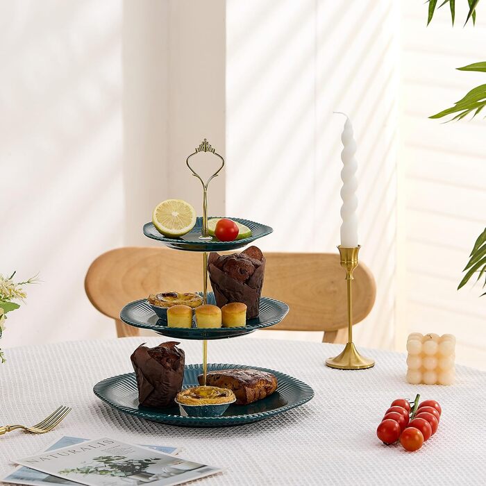 Керамічний триярусний підставка для капкейків, десертів та тортів - зелений