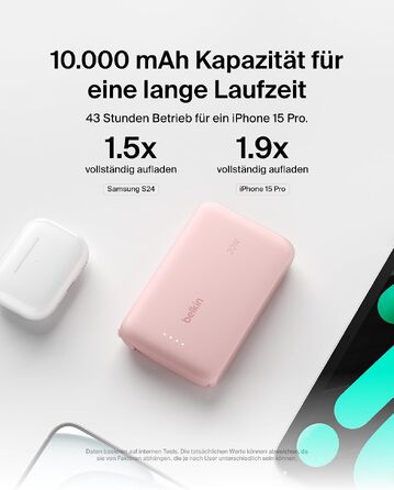 Повербанк Belkin BoostCharge 10000mAh з вбудованим кабелем USB-C, 20W, LED-індикатором, рожевий