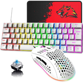 Ігрова клавіатура та миша UK-Layout з підсвічуванням RGB, 62 клавіші, механічна, 6400 DPI (чорний/червоний або білий/синій перемикач)