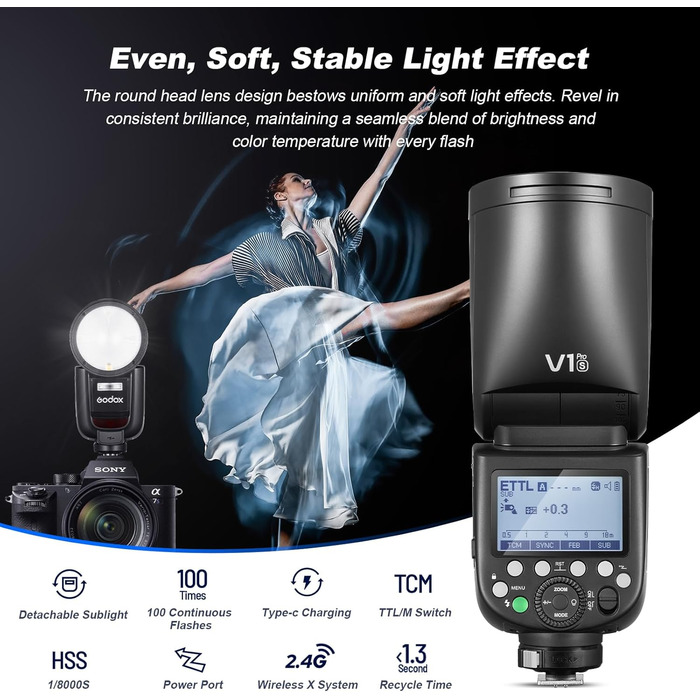 Godox V1Pro - професійний спалах для камер Fujifilm з бездротовим керуванням 2.4G, Li-ion батарея, HSS 1/8000s, 76Ws
