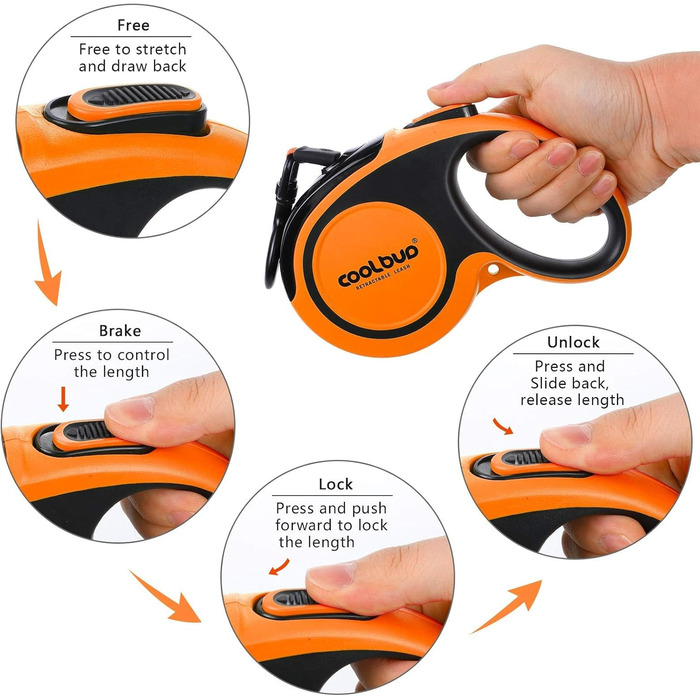 Висувна поводок для собак, 5 м, міцний поводок-рулетка з неслизькою ручкою та кнопкою швидкого гальма, для великих собак до 50 кг, помаранчевий