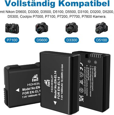Акумулятор EN-EL14 1300mAh та USB LED зарядний пристрій для Nikon D3100, D3200, D3300, D3500, D5100, D5200, D5300, D5500, D5600, Coolpix P7000, P7100, P7200, P7700, P7800 (2 шт.)