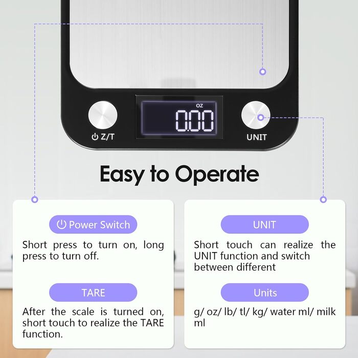 Кухонні ваги Muaket 1г/10кг з великою платформою 17,5x15см, електронні, з тарою, 7 одиниць вимірювання, для продуктів, овочів, фруктів