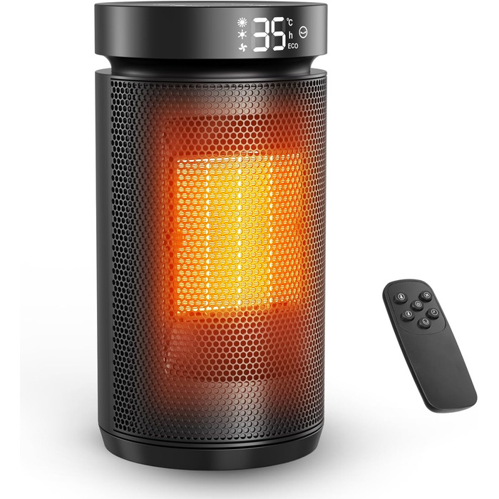 Електричний обігрівач 1500W PTC кераміка, тихий 34 dB, з термостатом, таймером 12 год та захистом від перегріву та перекидання. З пультом керування, чорний.