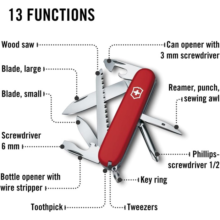 Мультитул Victorinox Hiker Swiss Army Knife – 13 функцій, ніж, відкривачка для консервів, викрутка