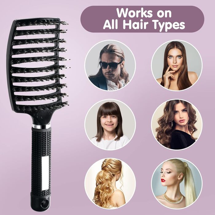 Щітка для волосся Lictin з щетиною дикого кабана (2 шт.) - для жінок, чоловіків та дітей. Розгладжує, не тягне, підходить для кучерявого та довгого волосся. Антистатична, з 4 зажимами. Чорний+Білий