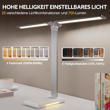 Лампа настільна LED LENDO з двома головками, регульована яскравість 700 люмен, 5 рівнів регулювання, 5 кольорових режимів, USB-порт для зарядки та вбудований акумулятор 2000mAh, для дітей, спальні, читання (срібна)