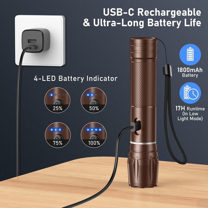 LED ліхтарик Blukar з регулюванням температури світла, 2000L, зум, 10 режимів, водонепроникний, для кемпінгу та активного відпочинку (колір: коричневий)