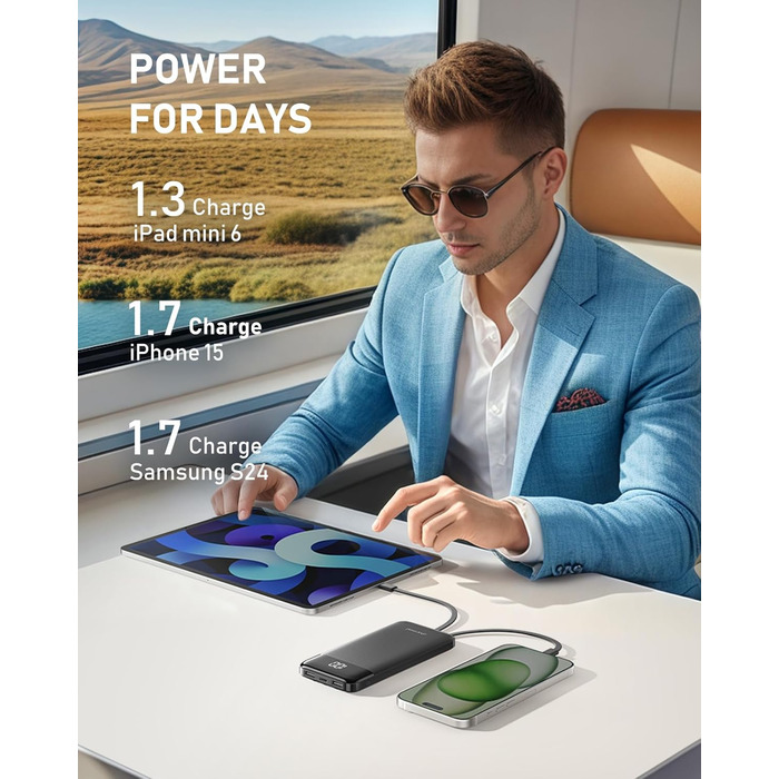 Powerbank Charmast 10000mAh з 4 кабелями, 6 виходами та 3 входами. Сумісний з iPhone, iPad, Samsung. Чорний