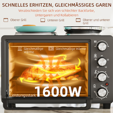 HOMCOM 28L Mini Oven 2600W Mini Oven 100-230℃ 60 Min. Timer, with 2 Warming Plates, Baking Tray and Grill Rack Pizza Oven with Crumb Tray, Tabletop Handle Black | Aosom