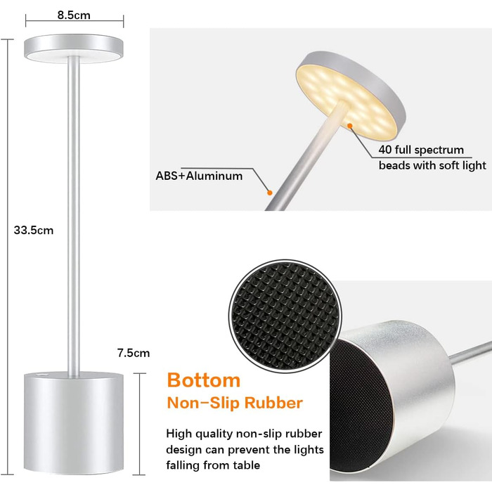 LED-лампа Hapfish на акумуляторі, 8000mAh, бездротова, з пультом, алюміній, 3 режими, регулювання яскравості, для столу, нічника, балкону (срібна)