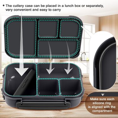 Ланчбокс для дітей та дорослих з 4 відділеннями, 1200 мл, з посудом, BPA-Free, миється в посудомийній машині, для мікрохвильовки (темно-сірий)