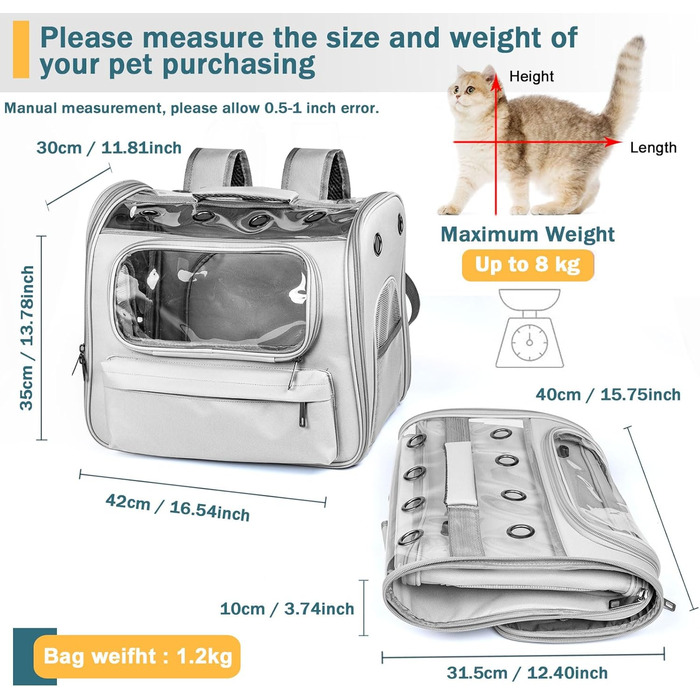 Розширюваний рюкзак для котів та маленьких собак, сірий. Рюкзак-переноска для котів та собак до 8 кг з вікном, дихаючий, складаний