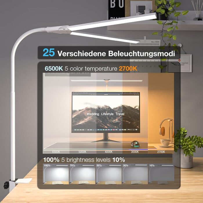 LED лампа настільна для офісу та дому, світло для монітора, 1400 люмен, регульована яскравість, кріплення-прищіпка, світло для робочого місця, гнусий шийка, подвійний насадка, 5 режимів кольору та рівнів яскравості, білий колір, 64 см