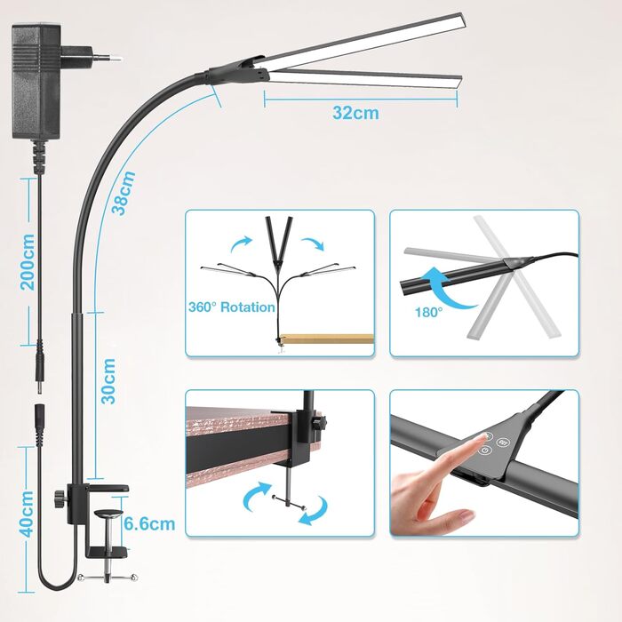 Потужна LED-лампа настільна Hensam для роботи та навчання, з регулюванням яскравості, 5 режимів, захист очей, сенсорне управління, чорна