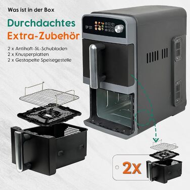 Фритюрниця повітряна подвійна 10L з 2 відсіками | 2400W, 9 програм, таймер, економія енергії, миється в посудомийній машині, сірий колір