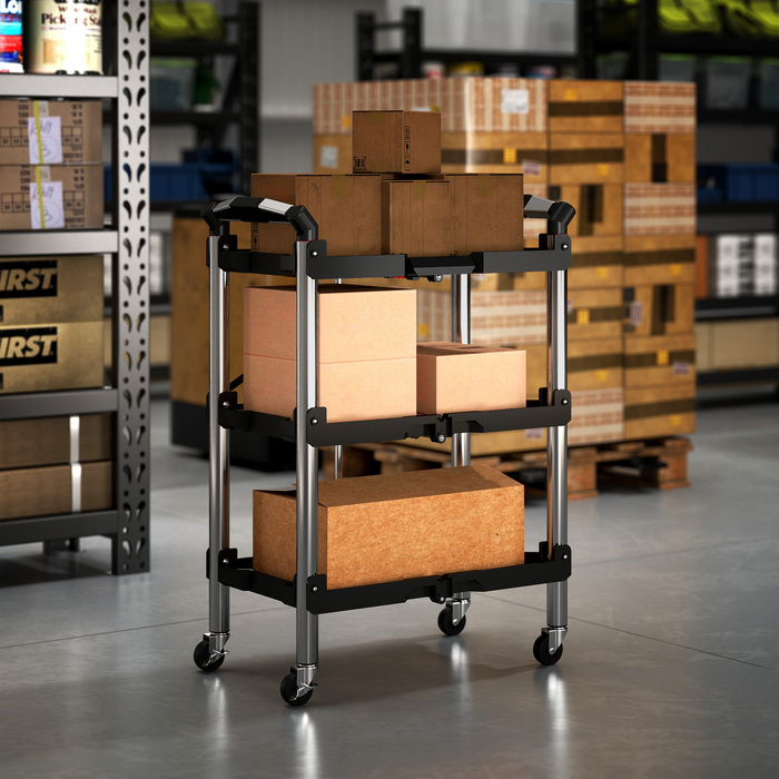 HOMCOM 3-Tier Rolling Tool Cart, Folding Tool Wagon with Handle, Assembly Cart Workshop Cart for Warehouse, Garage, Load Capacity up to 68 kg, Black | Aosom