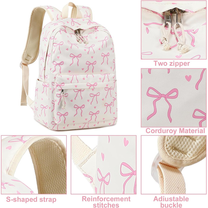 Шкільний рюкзак LOIDOU для дівчаток та хлопчиків підліткового віку. Легкий, водонепроникний, для школи, подорожей, коледжу. Колір: коричнево-білий у клітинку (рожева зав'язка).