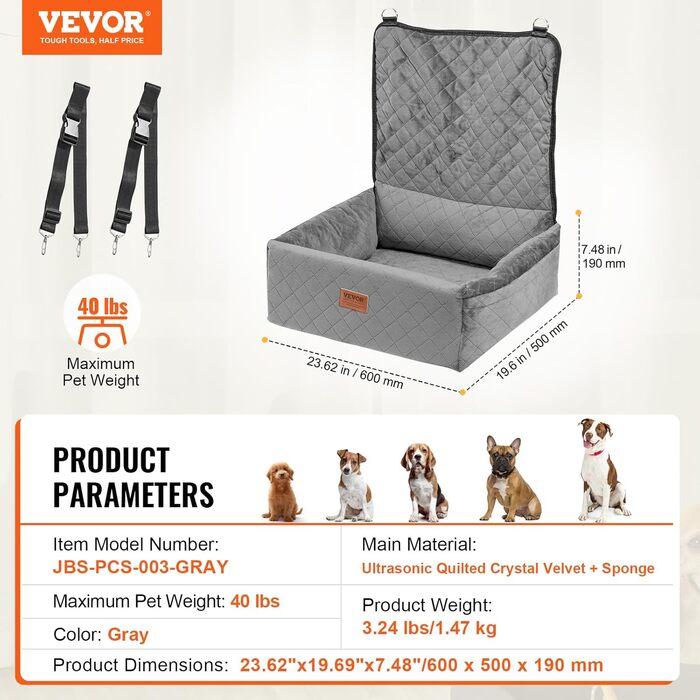 Автокрісло для собак VEVOR, підставка для собак у машину з кишенею для зберігання, страхувальний поводок, наповнювач з губки та PP-бавовни, автоліжко для собак маленьких та середніх порід до 18 кг
