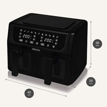 Фритюрниця з гарячим повітрям ZEEGMA KNAPPER DUAL, 1700 Вт, 2 відсіки, 9 л, таймер 60 хв, 11 програм, 60-200 °C, швидкий нагрів, сенсорне керування, чорний