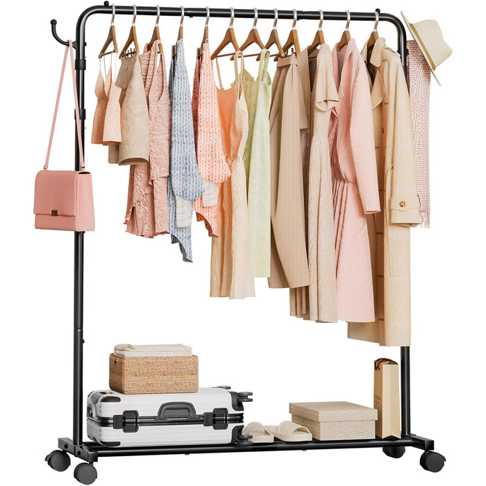 Стійка для одягу на колесах Yorbay: міцна металева вішалка з полицею для багажу. Компактна вішалка для спальні, пральні, магазину (Чорний, 117.5 см)
