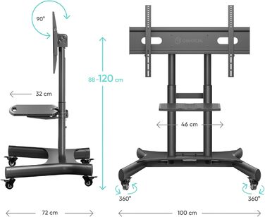ONKRON Mobile TV Stand with Wheels - Adjustable Height & Tilt for 32-70 inch TVs up to 45kg, VESA 600x400 - Black TS1350-B