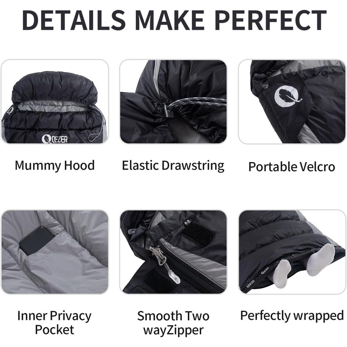 QEZER Ultralight Down Sleeping Bag - 8°C to -3°C for Camping, Hiking, and Trekking - 3 Season Outdoor Sleeping Bag